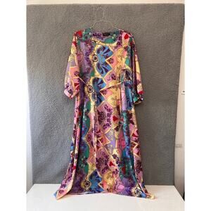 Womens Maxi Dress XL Pullover Bright Colorful Chain Print Satin 3/4 sleeve Tie